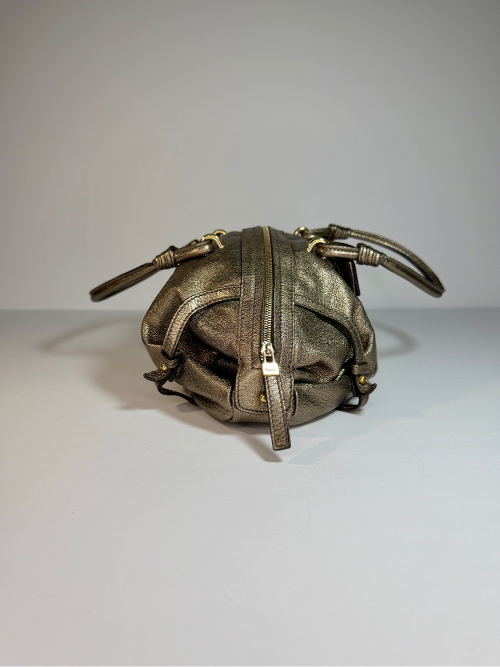 Salvatore Ferragamo Metallic Leather Crystal Gancini Satchel Bag Bronze Gold - Picture 6 of 11
